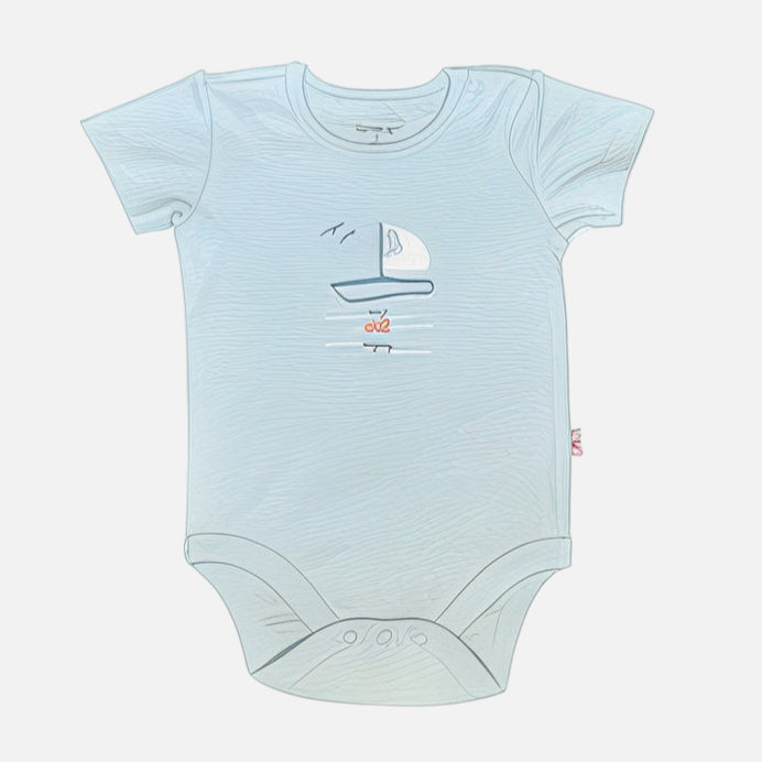 Light blue baby onesie with sailboat design on a white background