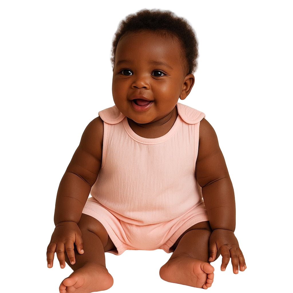 Baby wearing a pink sleeveless dress sitting on a beige background