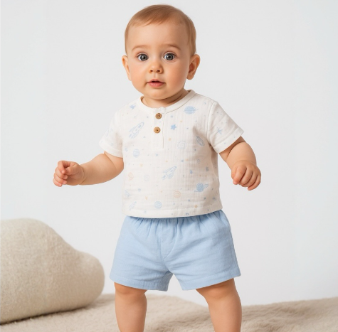 Baby wearing a white shirt with colorful buttons and light blue shorts on a neutral background