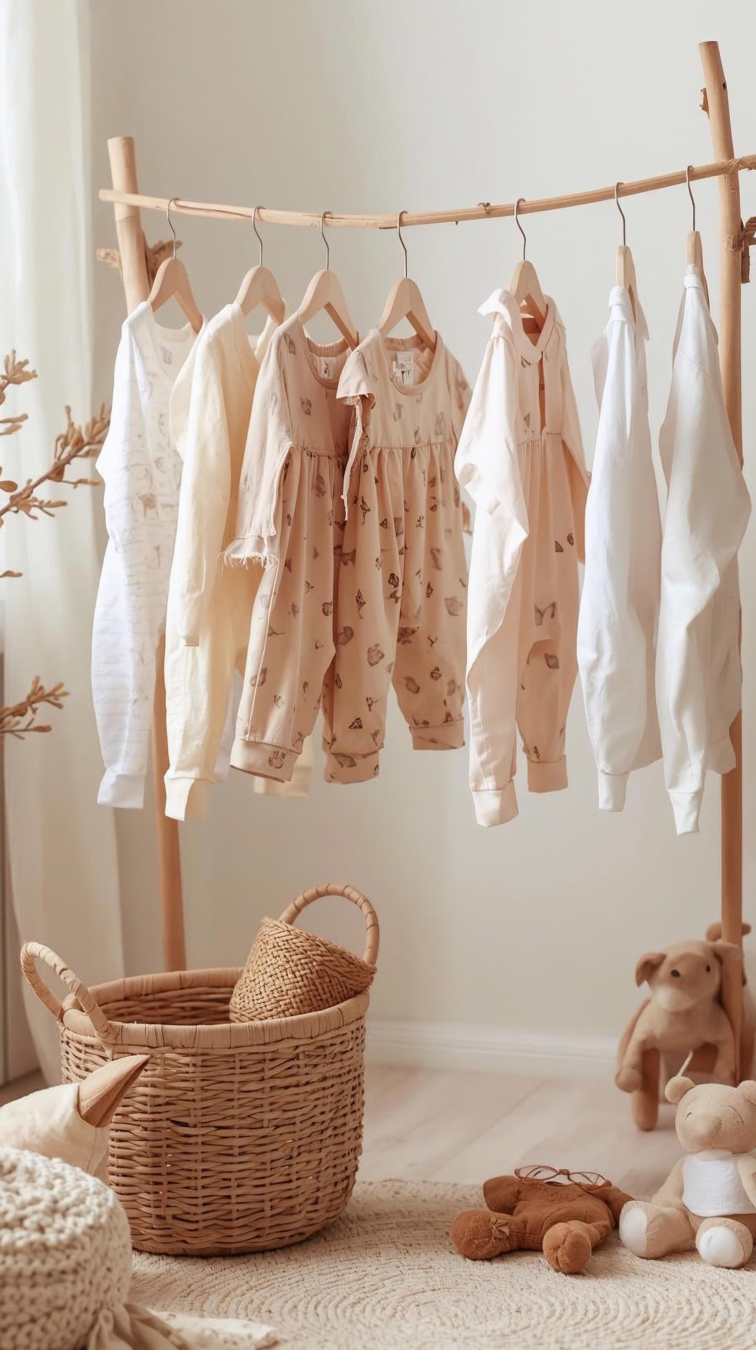 Children's clothing hanging on a rack with a basket and toys in a room.