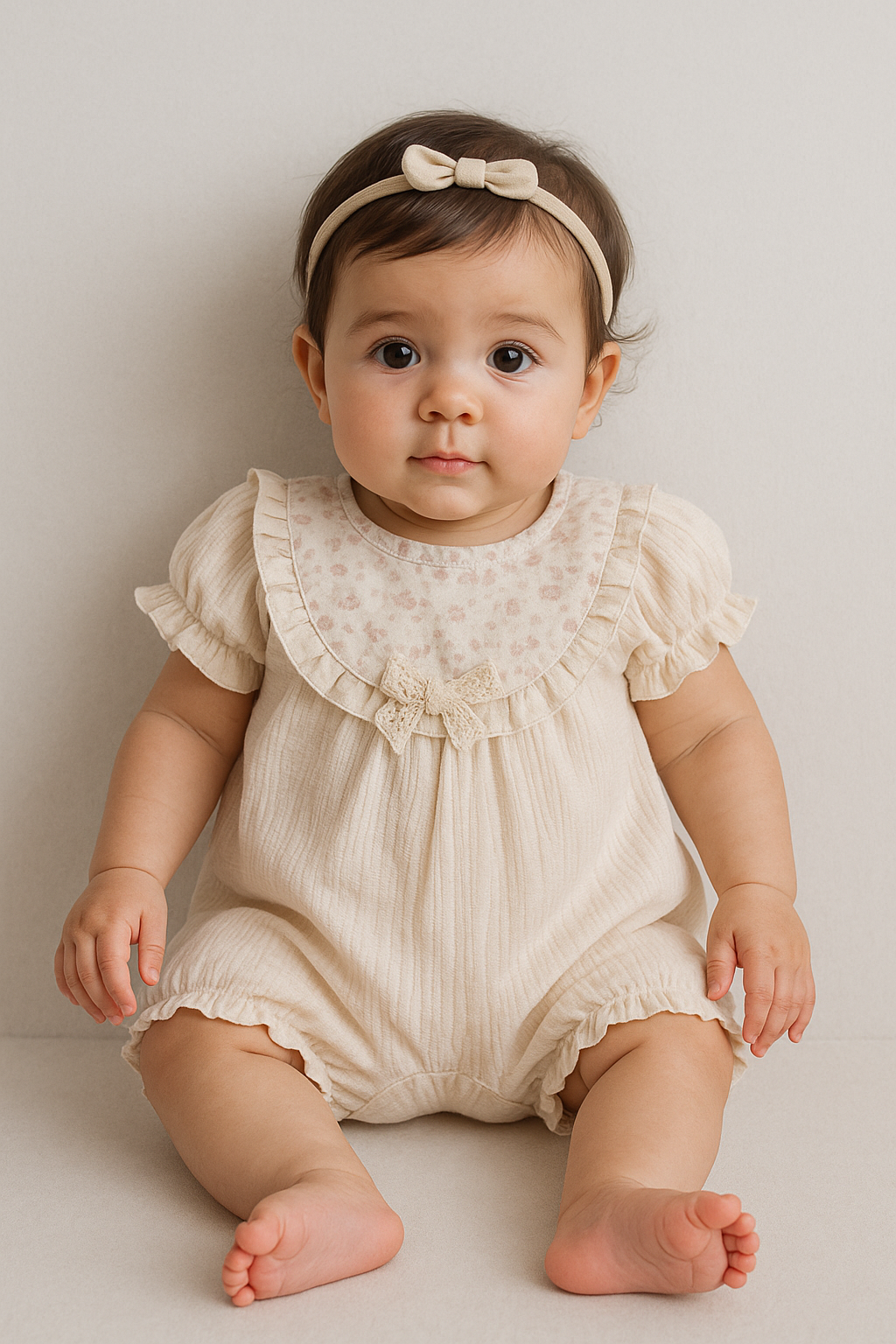 Baby wearing a beige romper and headband sitting on a light background