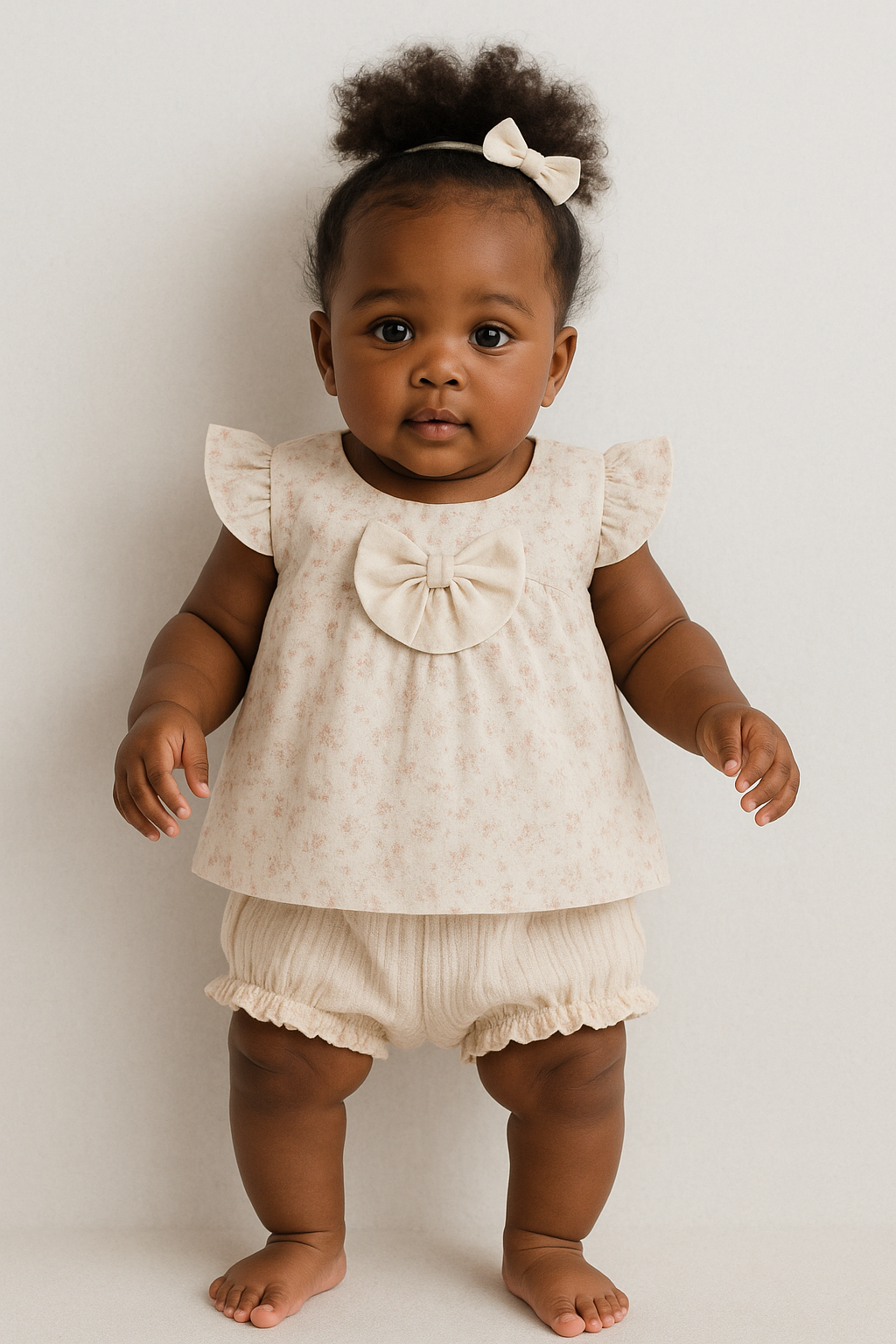 Baby wearing a beige outfit with a bow on a plain background