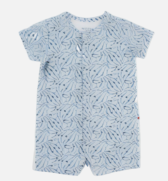 Blue patterned romper on a white background