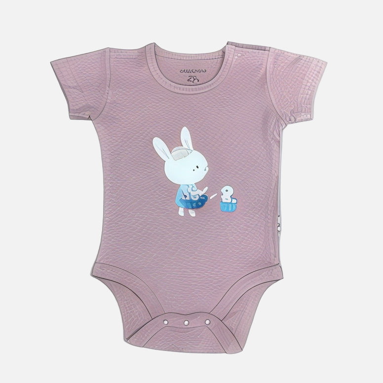 Purple baby onesie with a cartoon character on a white background