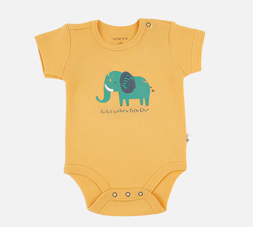 Yellow baby onesie with a green elephant design on a white background