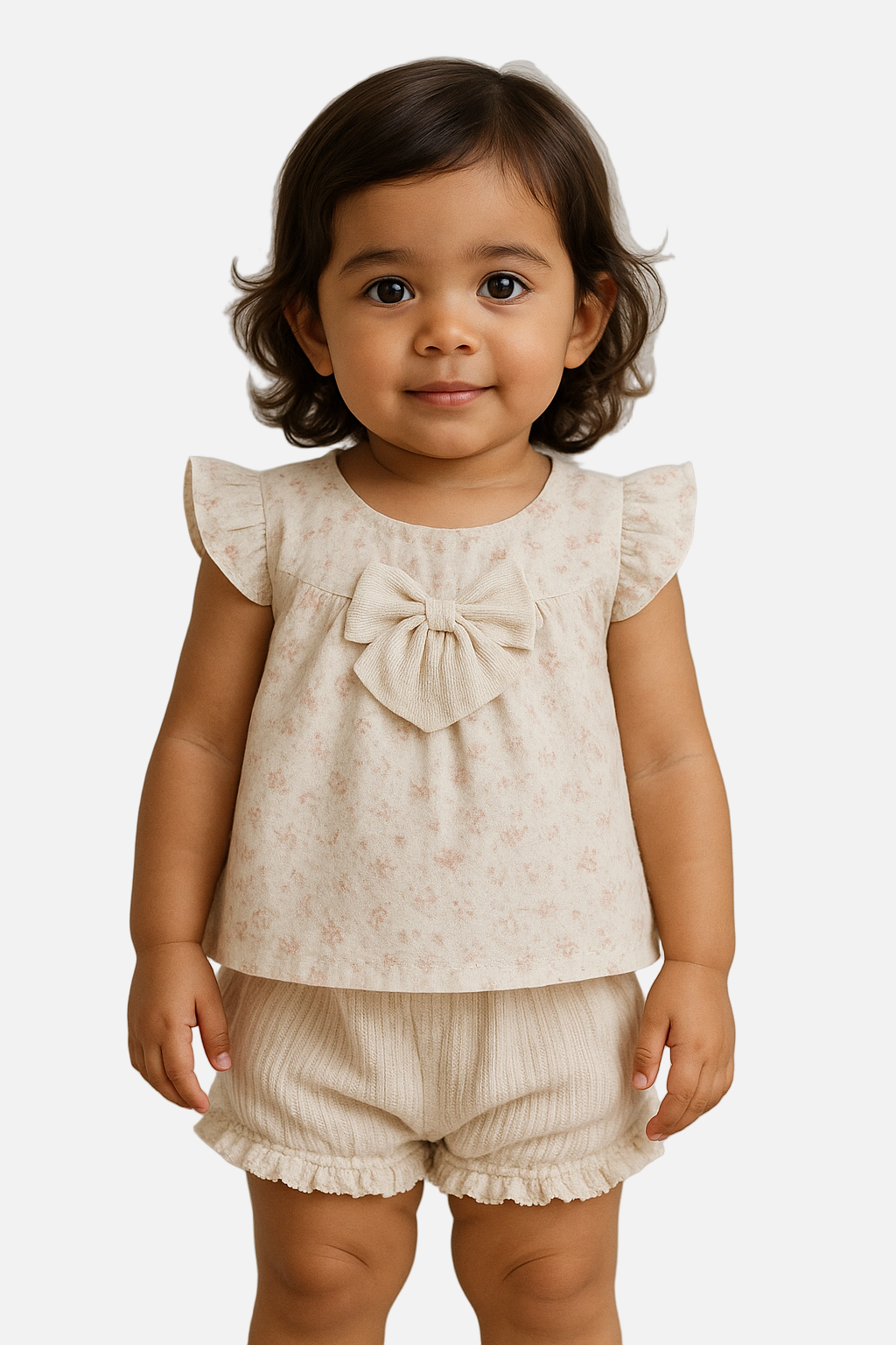 Young child wearing a beige top with ruffled sleeves and bow detail, paired with matching shorts on a neutral background.