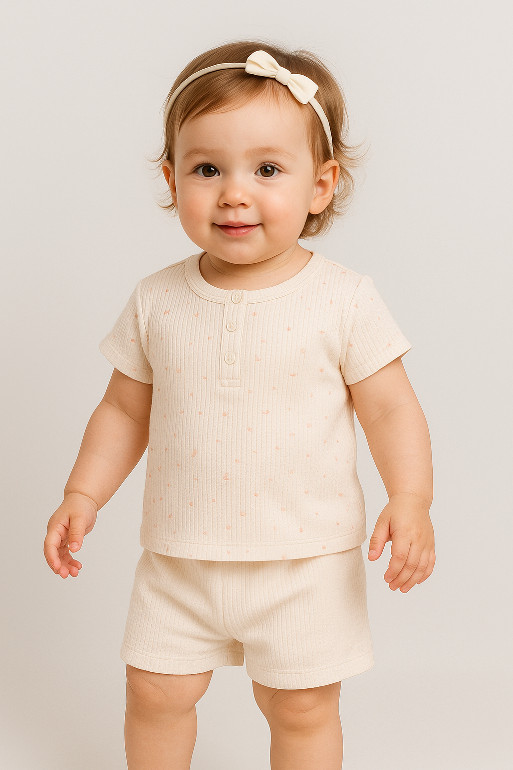 Toddler wearing a beige outfit with a white background