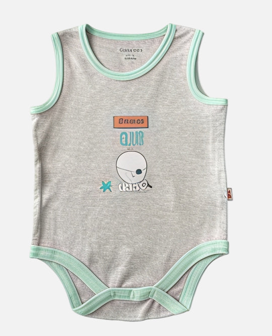 Gray baby bodysuit with green trim and cartoon design on a white background