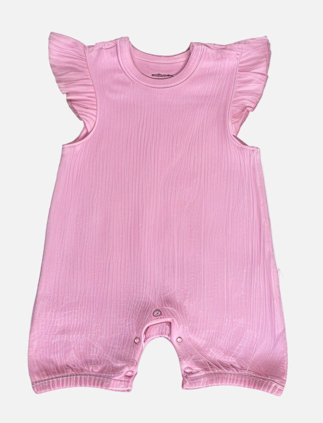 Pink baby romper with ruffled sleeves on a white background