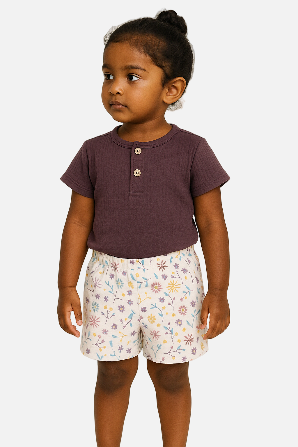 Child wearing a purple shirt and floral shorts on a white background