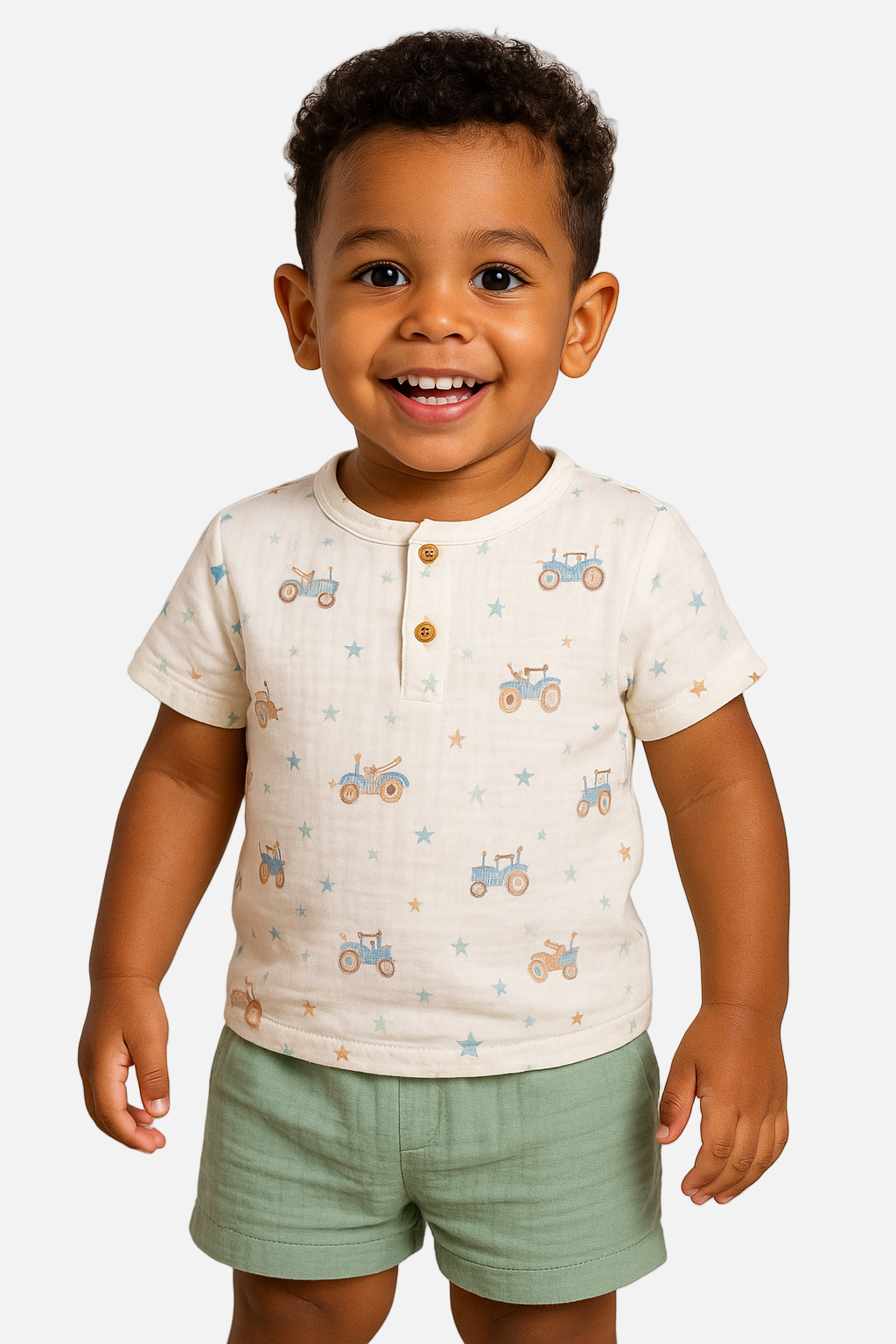 Child wearing a white shirt with vehicle patterns and green shorts on a plain background