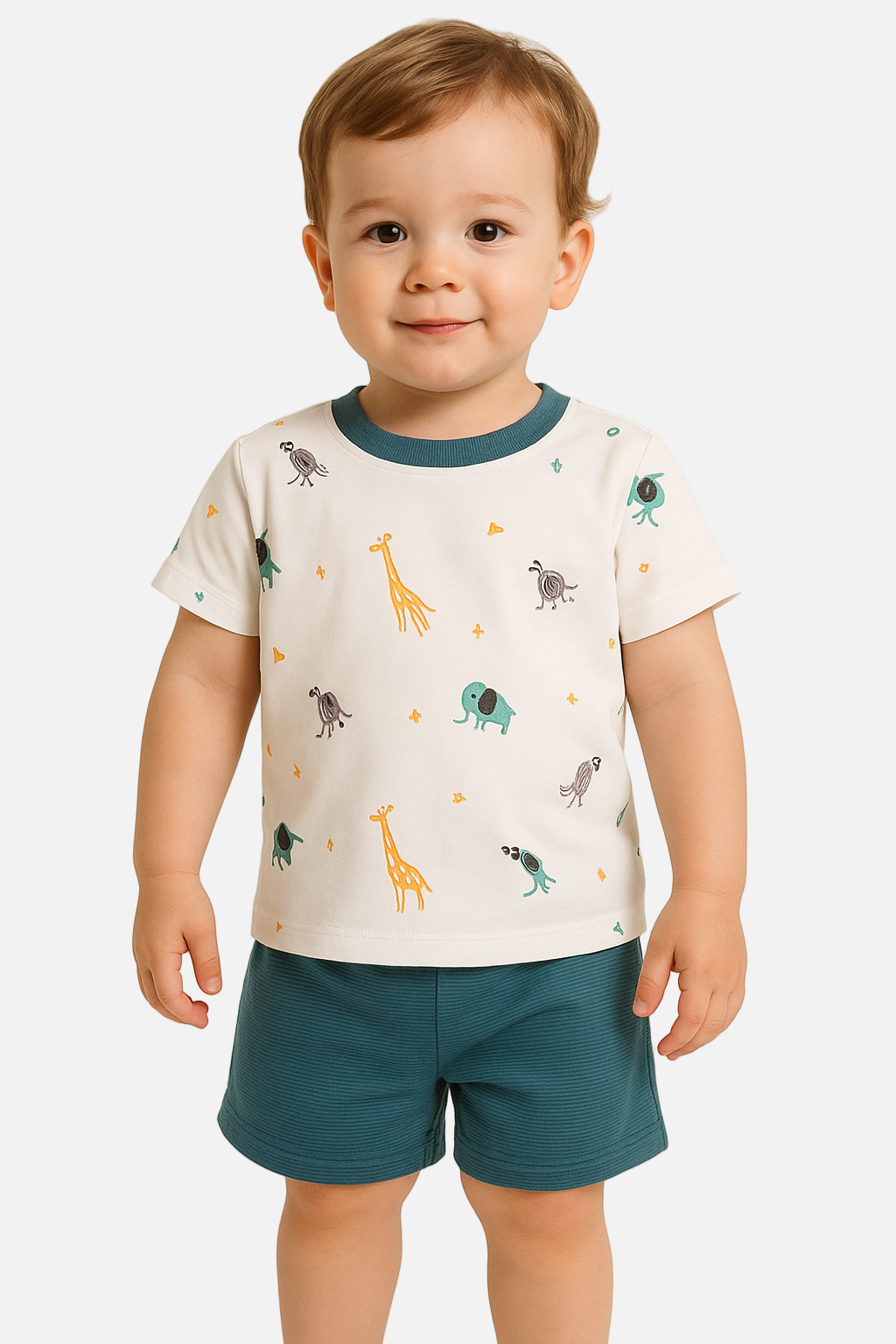 Child wearing a white t-shirt with animal prints and teal shorts on a beige background