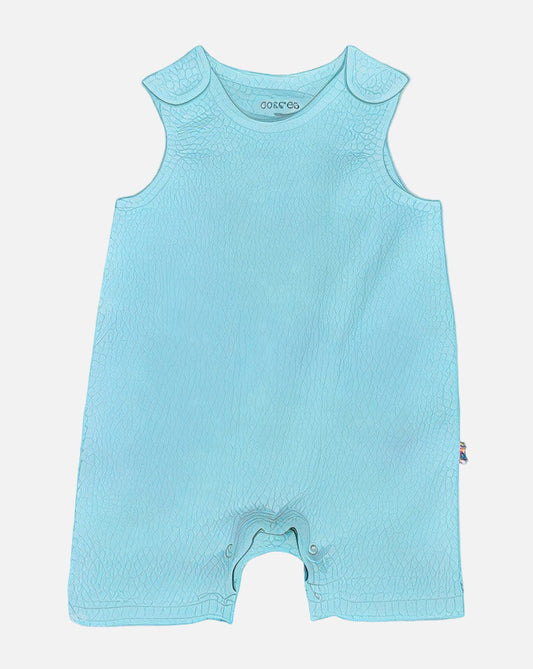 Light blue baby romper with a brand label on a white background