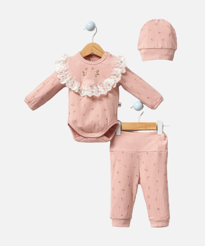 Pink baby outfit with bodysuit, pants, and hat on a white background