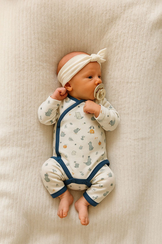 Newborn baby wearing a patterned onesie and headband, lying on a soft surface.