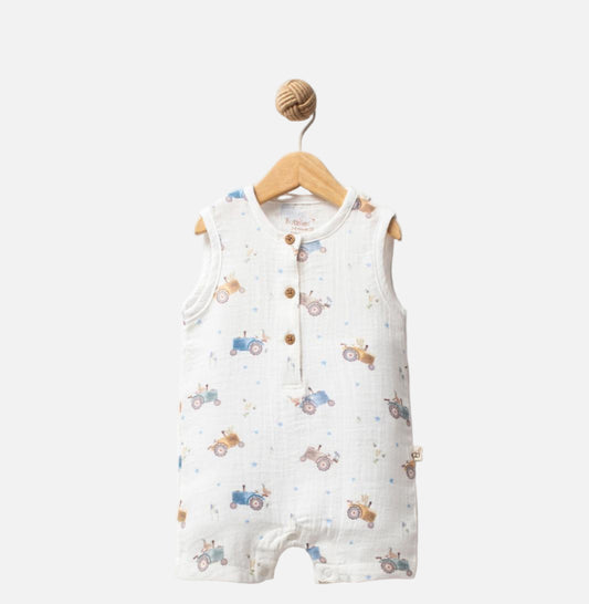 Baby romper with vehicle pattern on a white background