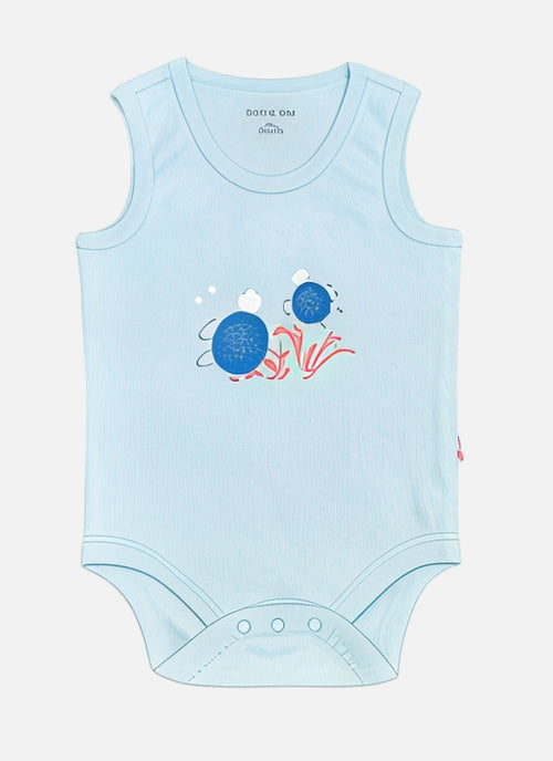 Light blue sleeveless baby bodysuit with sea-themed design on a white background