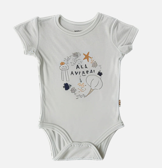 White baby onesie with sea-themed graphics and text on a white background