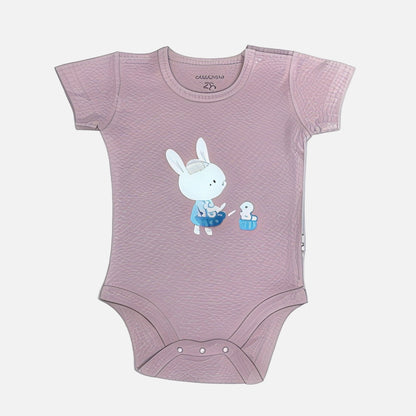 Purple baby onesie with a cartoon character on a white background