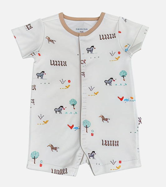 Baby romper with animal pattern on a white background