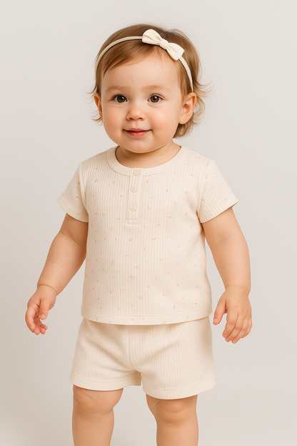 Toddler wearing a beige outfit with a white background