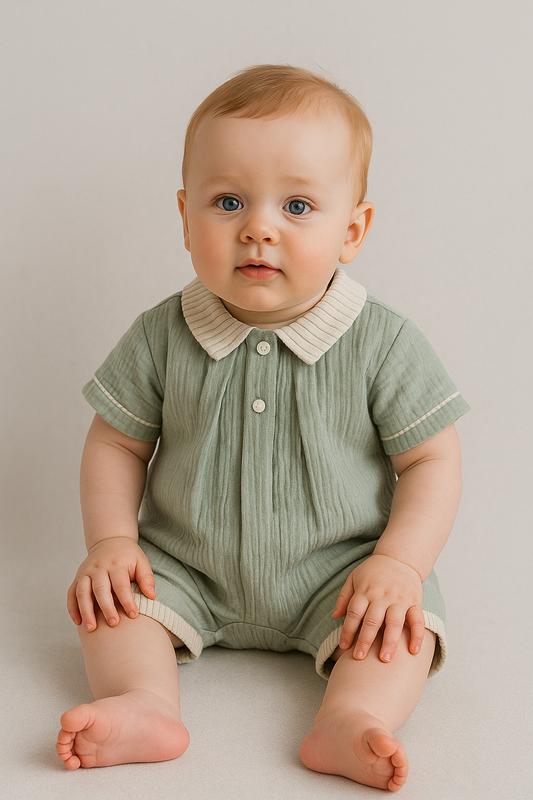 Baby wearing a green romper with a white collar on a plain background