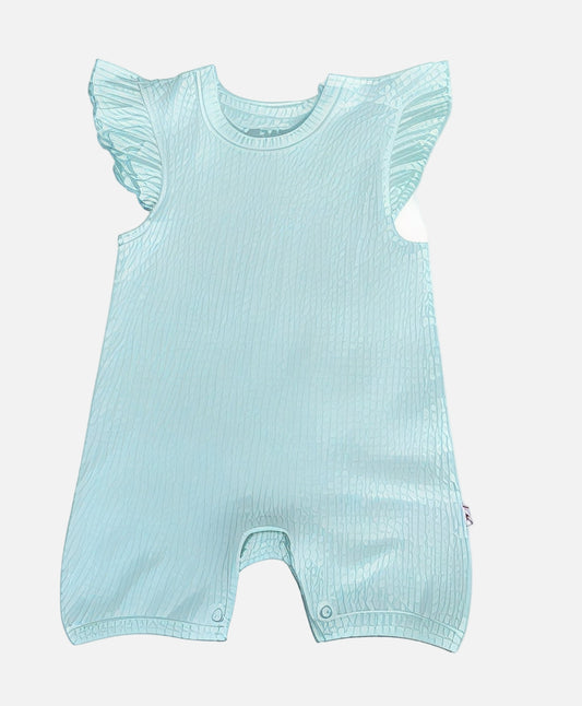 Light blue baby romper with ruffled sleeves on a white background