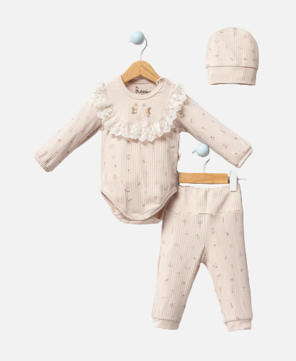 Baby outfit set with bodysuit, pants, and hat on a white background