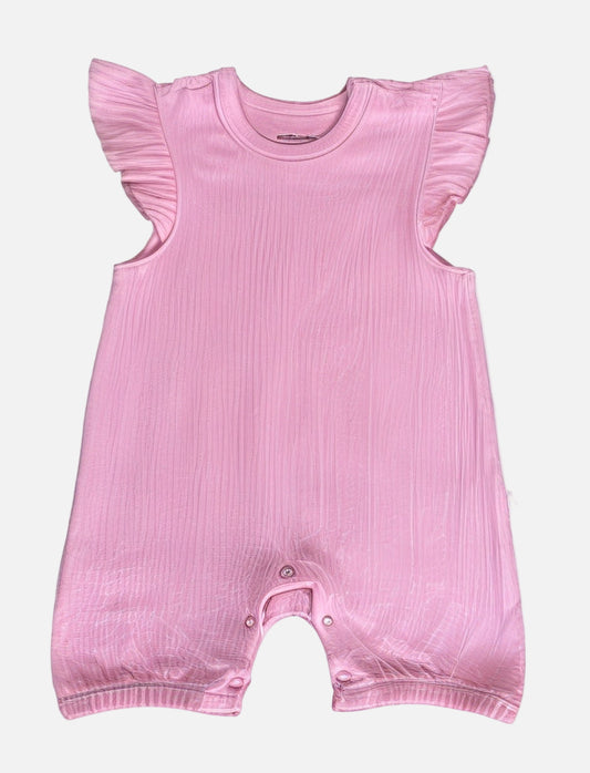 Pink baby romper with ruffled sleeves on a white background