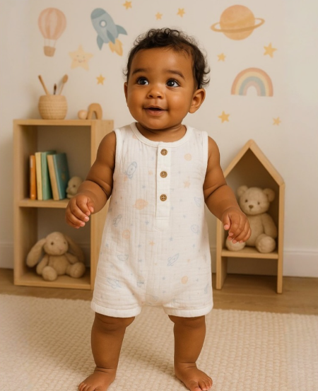 Baby standing in a room with wooden shelves and toys, wearing a white sleeveless romper.