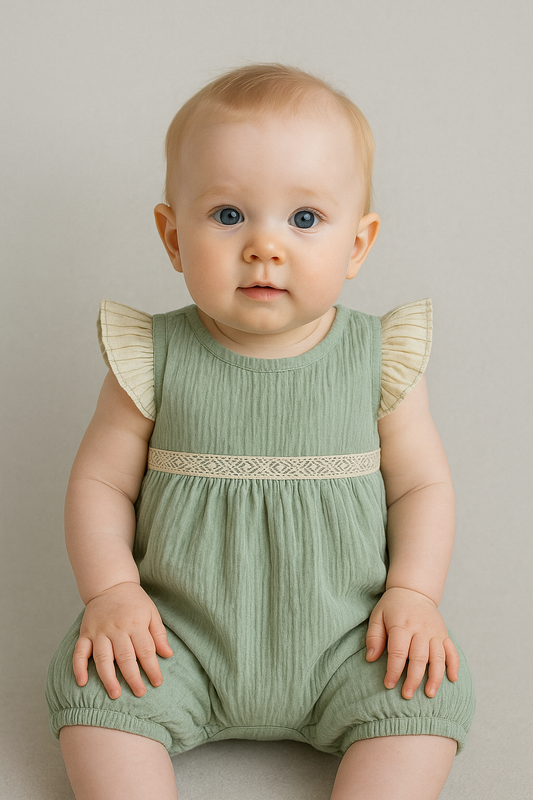 Baby wearing a green romper with ruffled sleeves against a neutral background