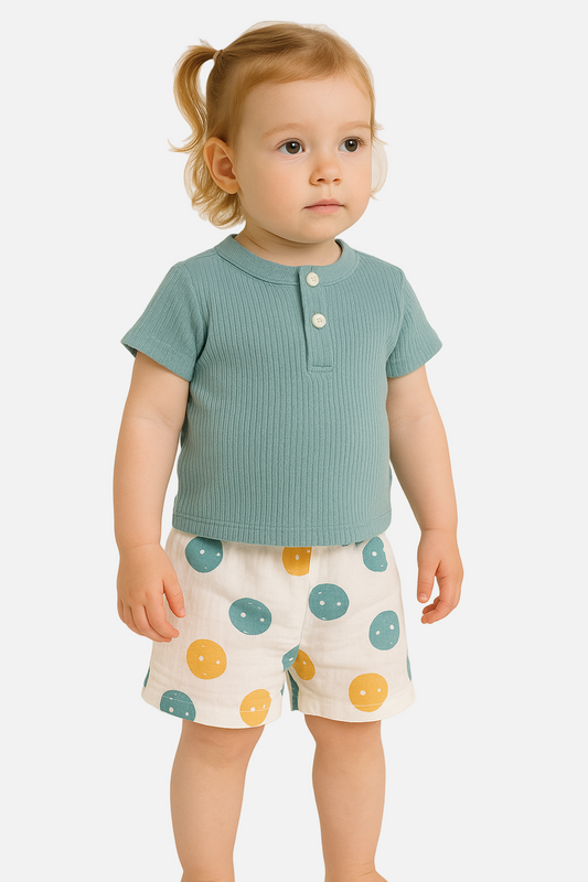 Child wearing a teal shirt and patterned shorts on a beige background