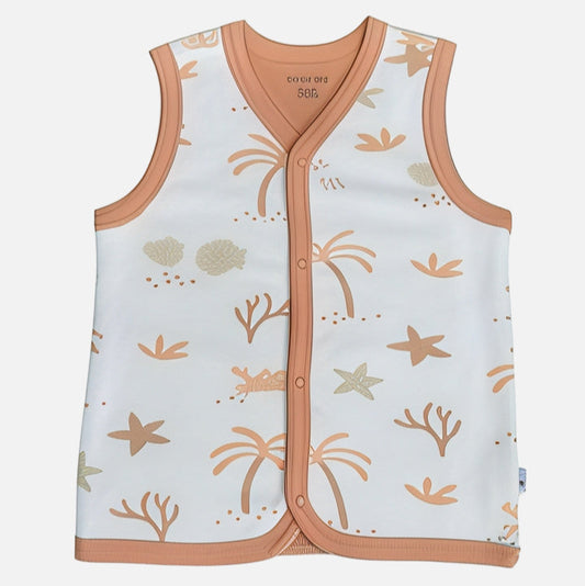 Baby vest with sea-themed pattern on a white background